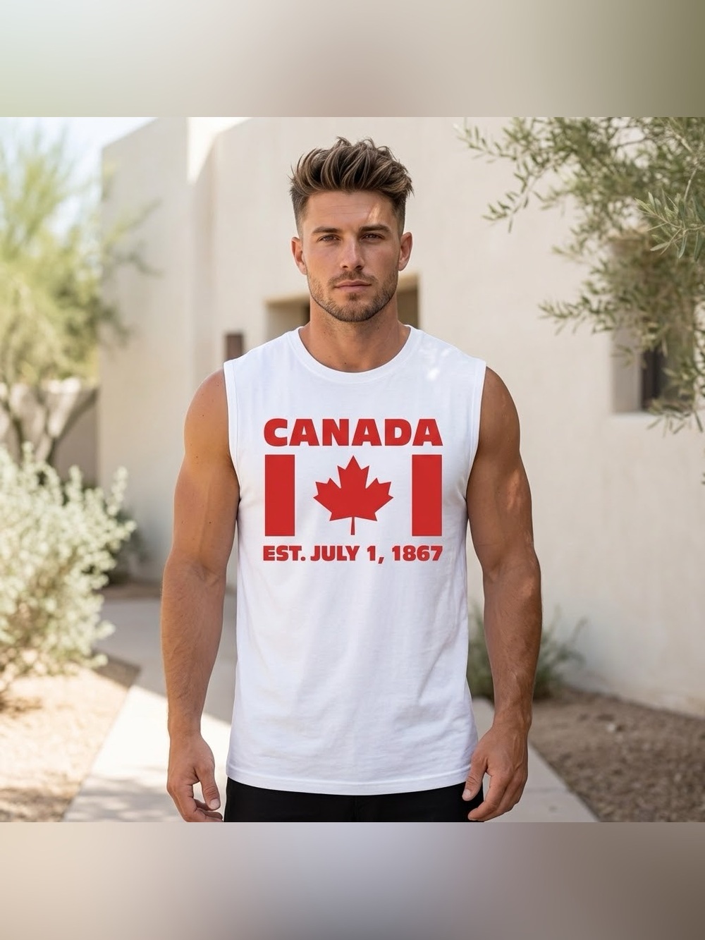 Canada White Graphic Sleeveless Tank Top Muscle Shirt Est 1867 Patriotic Size XL